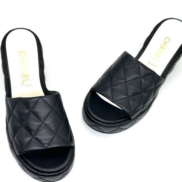 CHANEL 24P Quilted Leather Open Toe Wedge Heel Mule Slide Platform Sandal - Picture 13 of 15